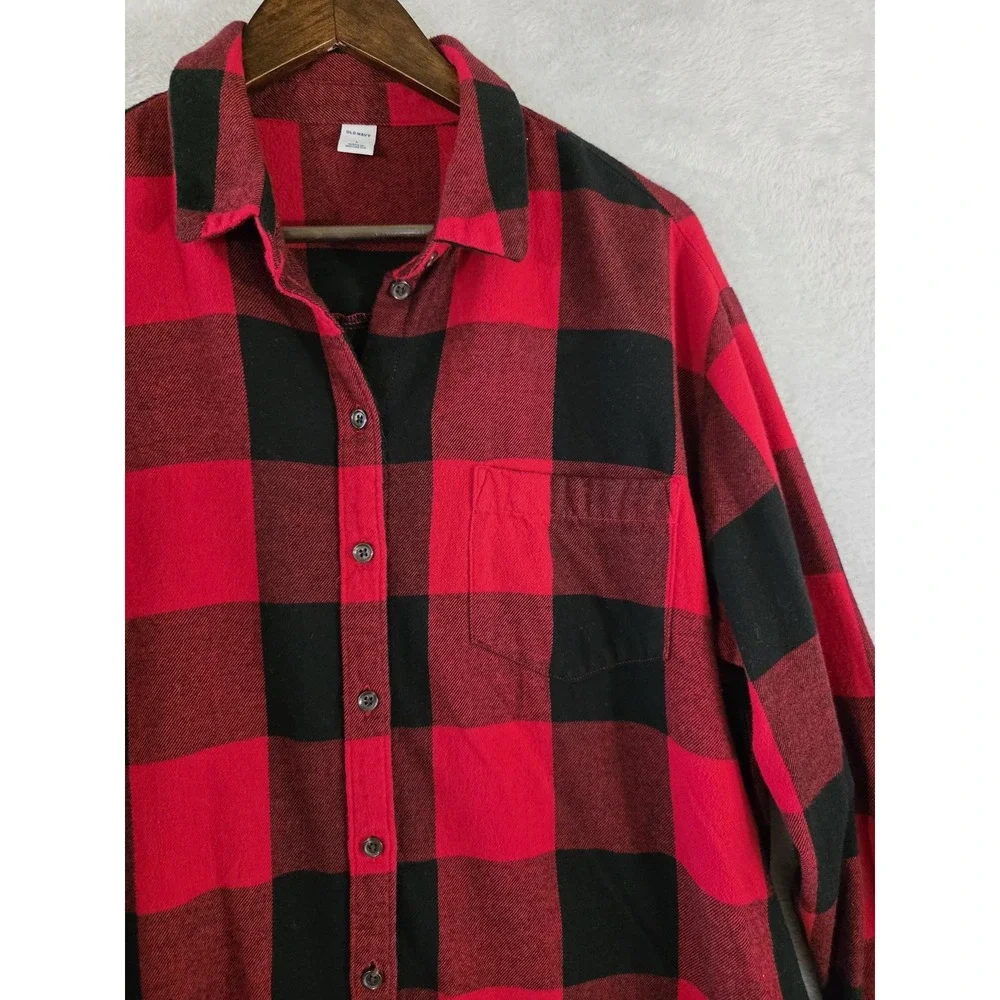 Old Navy Shirt Womens Lg Red Black Plaid Flannel Button Up Long‎ Sleeve Cotton - Picture 4 of 10